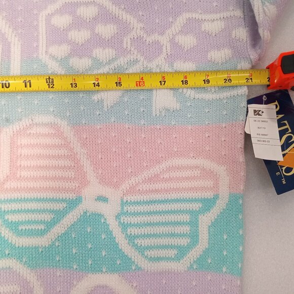 Vintage 80s Pastel Knit Sweater Geometric Bow Pattern Retro Pullover Holiday L - Picture 4 of 9